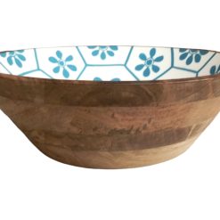 ruime fruitschaal blauw wit, grote houten fruitschaal met kleur, bijzonder duurzaam cadeau