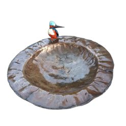 vogelvoederschaal metaal, voederschaal met vogelbeeld, voederschaal ijsvogel, tuinbeeld op stang