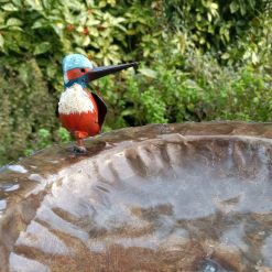 vogelvoederschaal metaal, voederschaal met vogelbeeld, voederschaal ijsvogel, tuinbeeld op stang