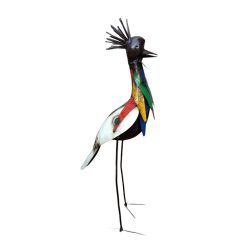 vogelbeeld metaal kraanvogel, tuinbeeld met kleur, vogelfiguur voor in de tuin, kraanvogel beeld, bijzondere tuindecoratie