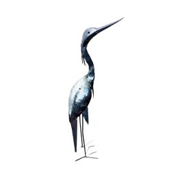 tuinbeeld vogel reiger metaalkleur, vogel beeld van ijzer, beeld bij de vijver, metalen reiger