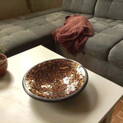 fruitschaal fairtrade mozaiek, mozaiekschaal chocoladebruin en geel, decoratieve schaal glasmozaiek, uniek cadeau voor hem of haar