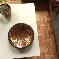 fruitschaal fairtrade mozaiek, mozaiekschaal chocoladebruin en geel, decoratieve schaal glasmozaiek, uniek cadeau voor hem of haar