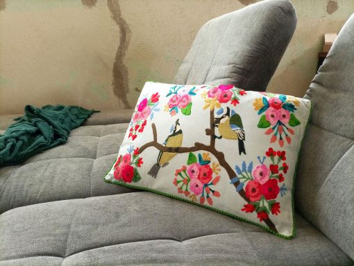 rechthoekig kussen met vogels en bloemen, rechthoekig kussen kwaliteit, pimpelmees kussen, kussen vogels