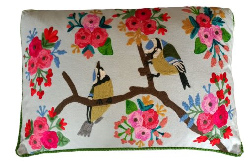 rechthoekig kussen met vogels en bloemen, rechthoekig kussen kwaliteit, pimpelmees kussen, kussen vogels