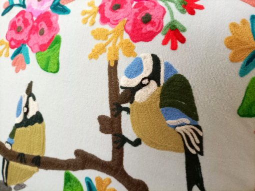 rechthoekig kussen met vogels en bloemen, rechthoekig kussen kwaliteit, pimpelmees kussen, kussen vogels