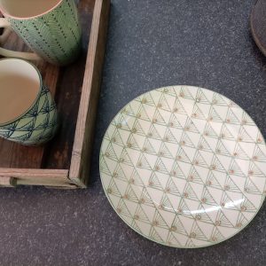 keramiek gebaksbord in een groen patroon, hand bestempeld gebaksbord, luxe gebaksbord mix & match, fairtrade cadeau voor hem en haar