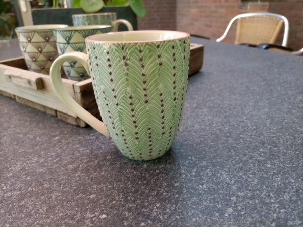 koffiekop met oor patroon, handgeschilderd kop, cadeau koffiekop, aardewerk mok fairtrade, luxe mok met groen patroon