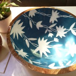 houten fruitschaal xl met print, grote schaal voor salade of fruit, ruime schaal met tekening, houten schaal, decoratieve grote schaal