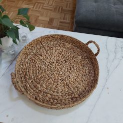 rond dienblad jute, groot stevig dienblad, dienblad natuurlijke materialen, decoratief dienblad, alternatief fruitschaal