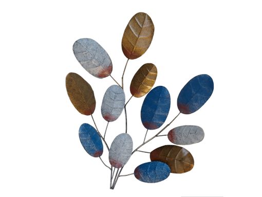 wanddecoratie moderne look, wanddeco moderne bladeren, muurdecoratie blauw wit bruin bladeren, muurdecoratie lichtgewicht metaal