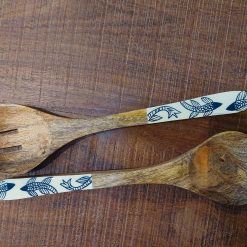 houten slabestek set met print, houten vork en lepel, print vissen bestek