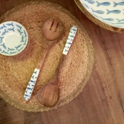 houten slabestek set met print, houten vork en lepel, print vissen bestek