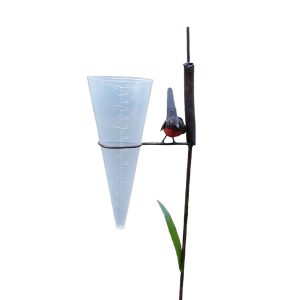 regenmeter met metalen vogeltje, upcycled product cadeau, regenmeter 100 ml, regenmeter tuinprikker
