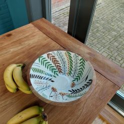 houten fruitschaal aardekleuren, natuurprint schaal, grote serveerschaal, grote fruitschaal hout