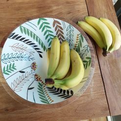 houten fruitschaal aardekleuren, natuurprint schaal, grote serveerschaal, grote fruitschaal hout