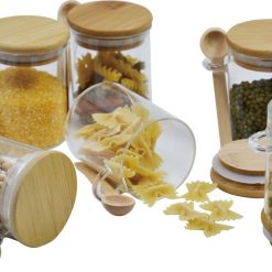 glazen kruidenpotjes me bamboe deksel en lepeltje, potjes luchtdicht, alternatief weckpot, kruidenpotjes voor in de keuken, potje met lepeltje