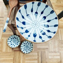 Houten schaal met patroon, hout en keramiek schaal, saladeschaal set, grote serveerschaal, uniek cadeau huwelijk