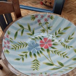 houten schaal met print in zomerbloemen, houten schaal met gladde binnenkant, saladeschaal of serveerschaal met patroon, houten schaal groot xl
