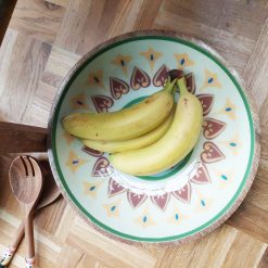 houten schaal met patroon, hartjes patroon schaal, cadeau moederdag, grote serveerschaal, saladeschaal hout 30 cm