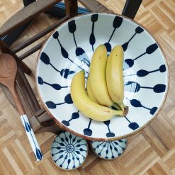 Houten schaal met patroon, hout en keramiek schaal, saladeschaal set, grote serveerschaal, uniek cadeau huwelijk
