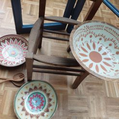 houten schaal met patroon, hartjes patroon schaal, cadeau moederdag, grote serveerschaal, saladeschaal hout 30 cm