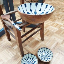 Houten schaal met patroon, hout en keramiek schaal, saladeschaal set, grote serveerschaal, uniek cadeau huwelijk