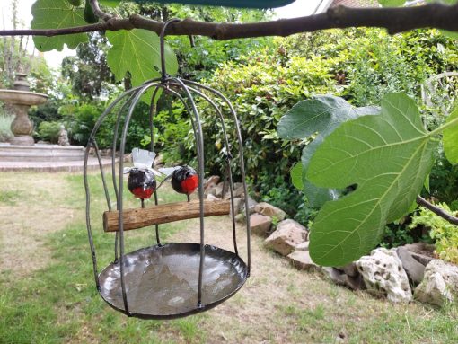 tuindecoatie hangende vogelkooi, cadeau huwelijk, tuindecoratie vogeltjes koppel, metalen vogelkooi deco