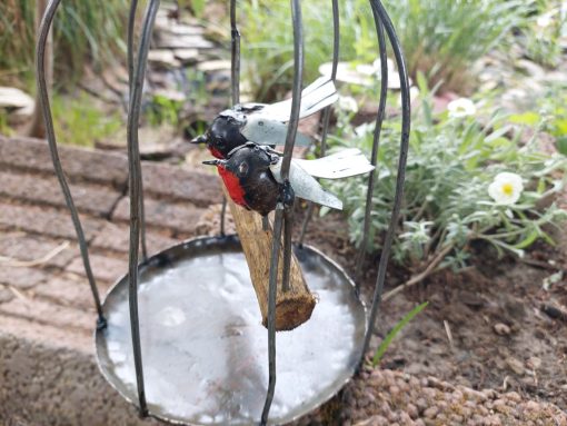 tuindecoatie hangende vogelkooi, cadeau huwelijk, tuindecoratie vogeltjes koppel, metalen vogelkooi deco