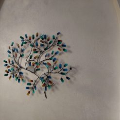 muurdecoratie 3D tak, tak met gekleurde blaadjes, levensboom abstract, wanddecoratie metalen bloemen