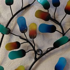 muurdecoratie 3D tak, tak met gekleurde blaadjes, levensboom abstract, wanddecoratie metalen bloemen