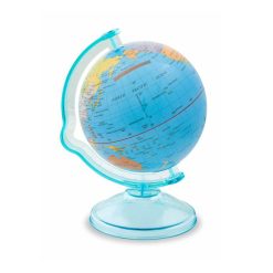 Spaarpot wereldbol van stevig kunststof op standaard met gleuf voor munt- en briefgeld – diameter 10 cm –