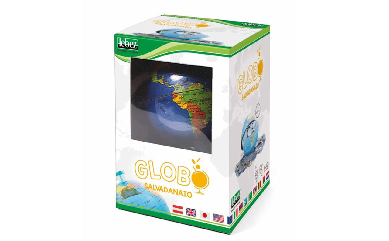 Spaarpot wereldbol van stevig kunststof op standaard met gleuf voor munt- en briefgeld – diameter 10 cm –