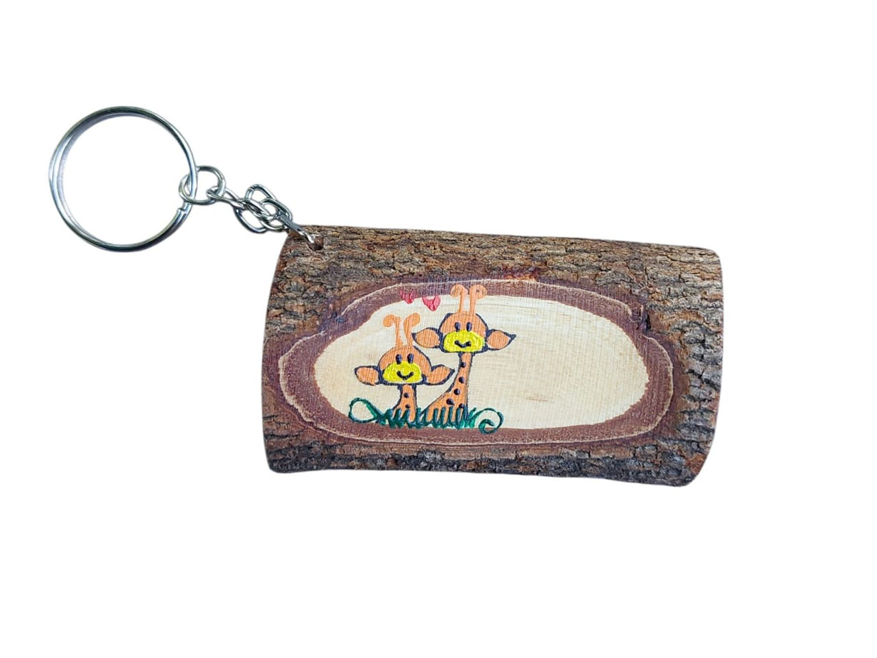 Houten sleutelhangers met handgeschilderde kat en giraffe