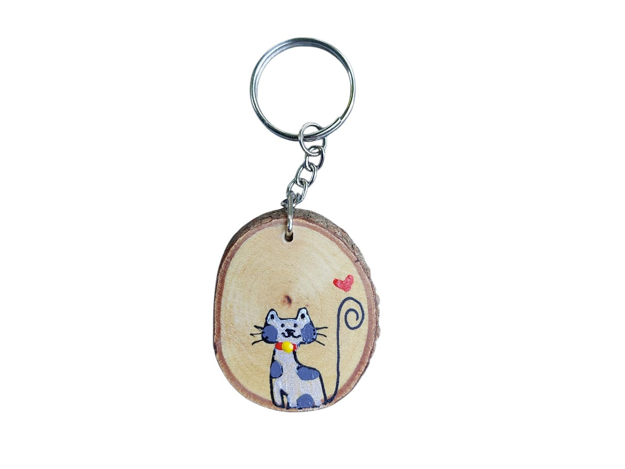 Houten sleutelhangers met handgeschilderde kat en giraffe