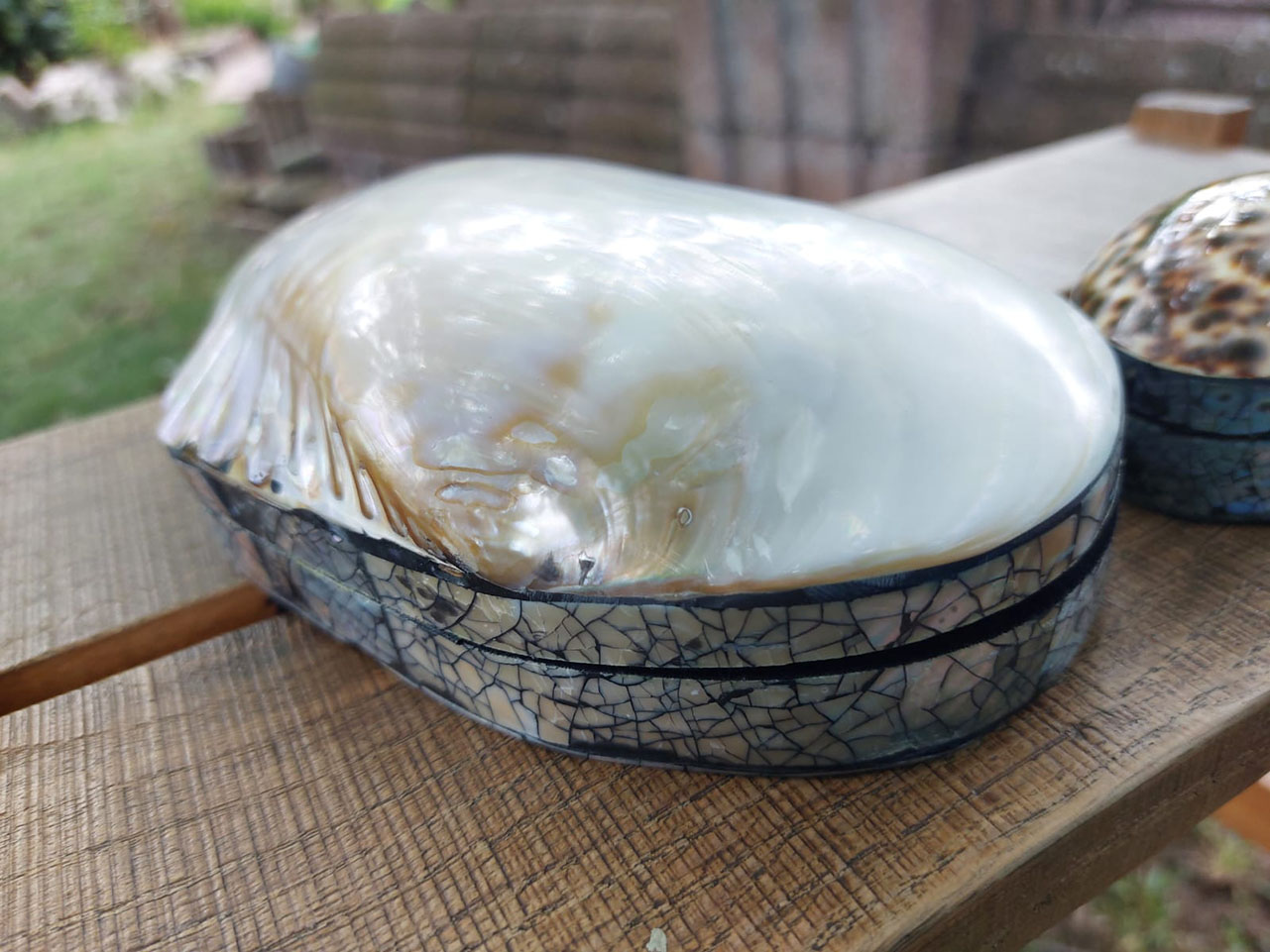 Decoratieve sieradendoos van Kowok of kupang schelp met natuurlijke patronen en een stijlvolle uitstraling