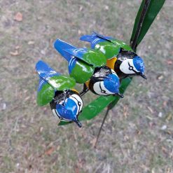 pimpelmees vogeltjes op stang, tuindecoratie vogel van metaal, pimpelmees op lisdodde